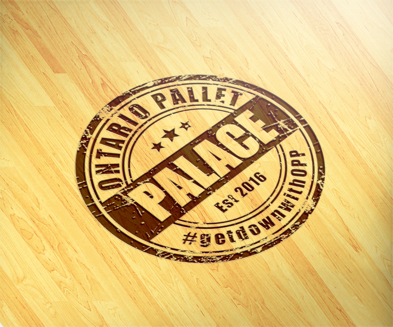 Ontario pallet palace logo design by scr enter dibyendu roy rubber emblem on wooden surface mock up presentation