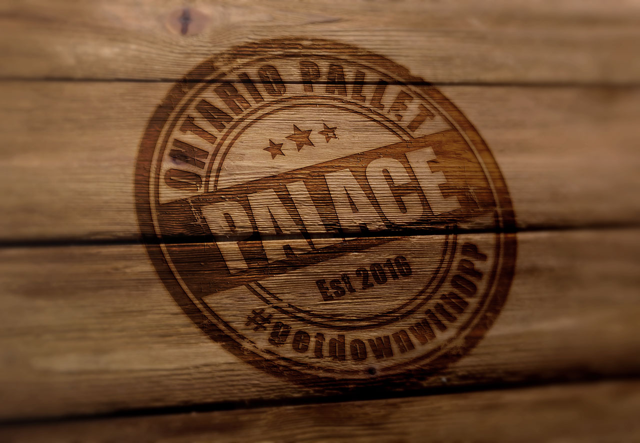 Ontario pallet palace logo design by scr enter dibyendu roy rubber mock up presentation on wooden block