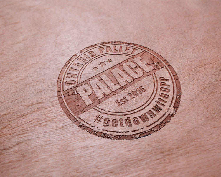 Ontario pallet palace logo design by scr enter dibyendu roy rubber mock up presentation on plywood surface