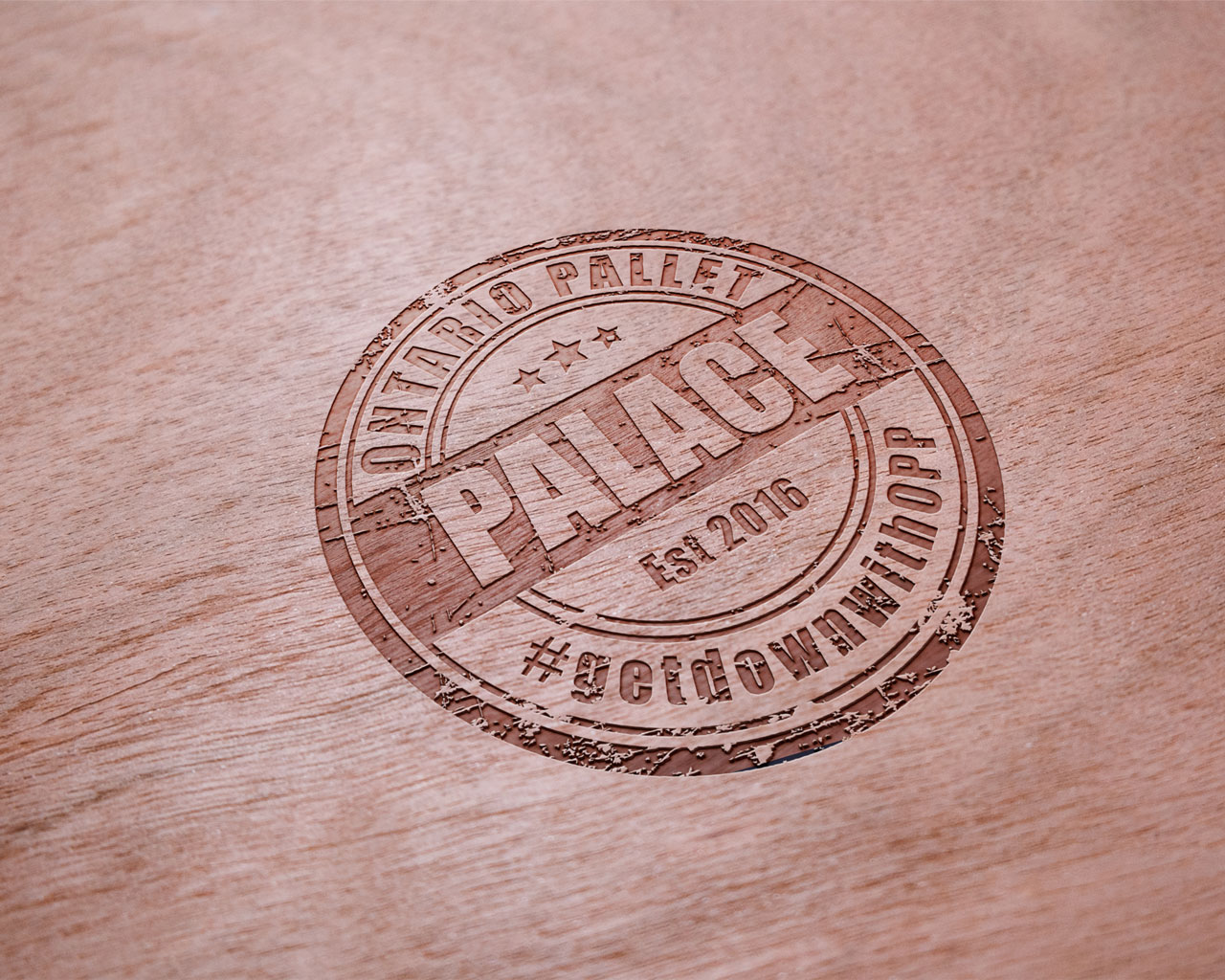 Ontario pallet palace logo design by scr enter dibyendu roy rubber mock up presentation on plywood surface